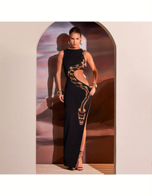 Load image into Gallery viewer, Chic Fashion] Stylish Sleeveless Maxi Dress with Golden Snake Motif, Side Slit &amp; Cut-Out Details – Sexy Solid Color Black Polyester Dress for Women, Perfect for Spring/Summer Fashion, Chic Outfit | Glamorous Attire | Elegan
