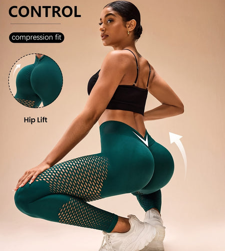 High-Waist Breathable Compression Yoga Pants - Women's Mesh Panel, Tummy Control, Knitted Fabric, Hollow Design, Solid Color