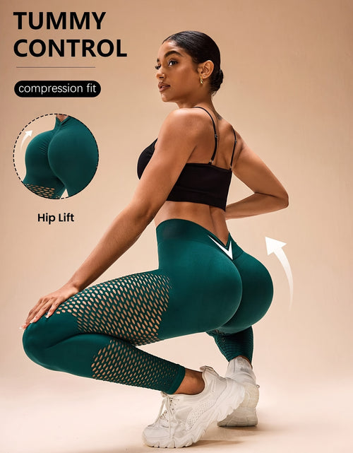 Load image into Gallery viewer, High-Waist Breathable Compression Yoga Pants - Women&#39;s Mesh Panel, Tummy Control, Knitted Fabric, Hollow Design, Solid Color
