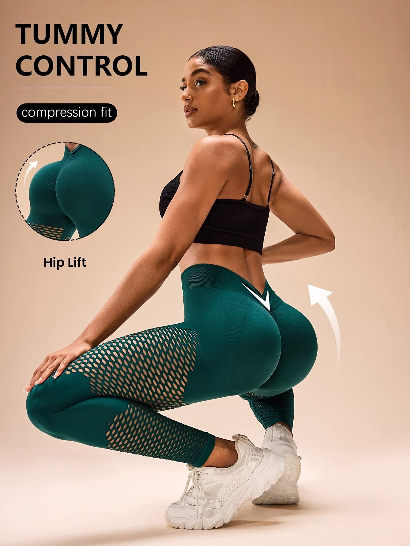 High-Waist Breathable Compression Yoga Pants - Women's Mesh Panel, Tummy Control, Knitted Fabric, Hollow Design, Solid Color