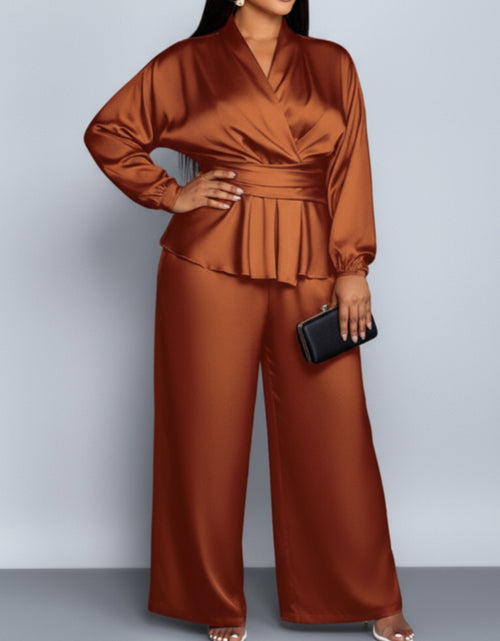 Load image into Gallery viewer, Plus Size, Plus - Size Women&#39;s Satin V - Neck Top &amp; Wide - Leg Pants Two - Piece Set |The waist design adds layers Very Fashionable
