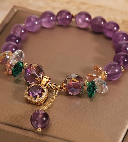 Classic Amethyst Bead Bracelet Featuring Cubic Zirconia, Non-Coated Fashion Jewelry for Women