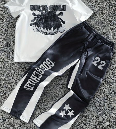 Spring-Summer Men's Printed Two-Piece Set, Street Head Print, Short Sleeve T-Shirt + Drawstring Sweatpants Casual Outfit