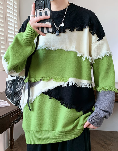 Load image into Gallery viewer, Men Streetwear Color Block Knit Sweater - Slim Fit High Elasticity Long Sleeve Round Neck Pullover with Tassel Details, Autumn Winter Fashion Trendy Casual Top, Seasonal Clothing, Bold Pattern, Soft Texture
