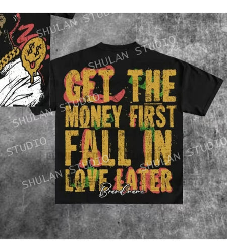Men's Y2K-Inspired 100% Cotton T-Shirt - "Get the Money First" Graphic, Casual Round Neck Tee with Vibrant Print, Breathable & Machine Washable for Summer