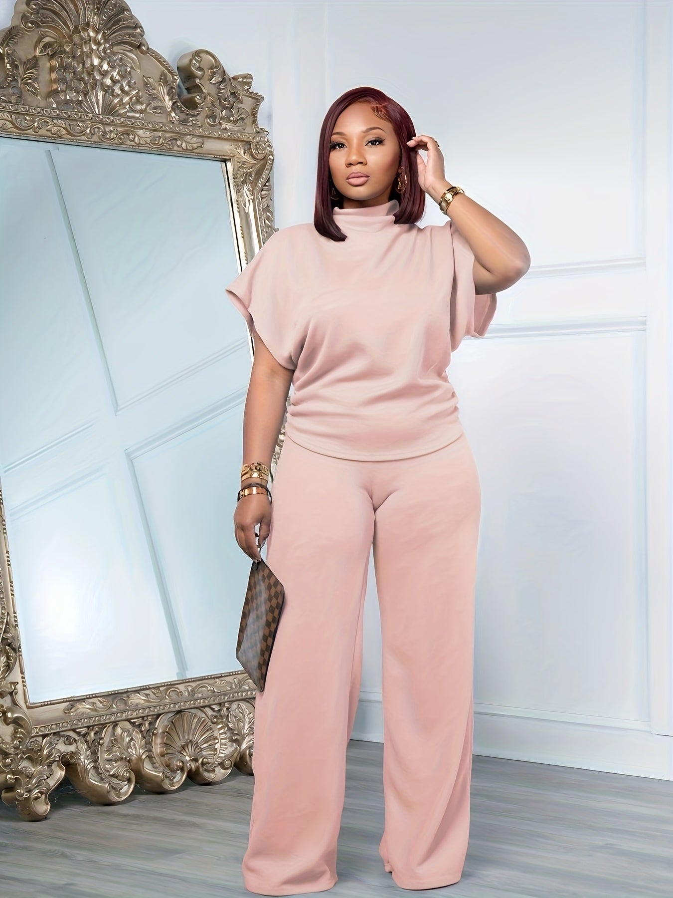 [Spring Casual Set] Two-piece Spring And Summer Casual Set | Women's Short Sleeved Semi High Neck Loose Top Wide Leg Pants Set, Casual Sports Set