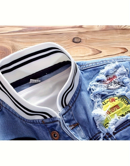 Load image into Gallery viewer, Men Vintage Distressed Denim Jacket - Slim Fit Biker Streetwear with Embroidered Design, Classic Baseball Uniform Style, Blue Casual Jacket for Trendy Outfits
