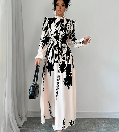 Elegant Floral Print Maxi Dress] Long Sleeve Elegant Floral Print Maxi Dress for Women - Machine Washable, Mock Neck with Belt Detail - Perfect for Spring