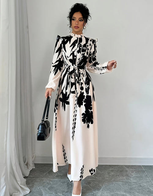 Load image into Gallery viewer, Elegant Floral Print Maxi Dress] Long Sleeve Elegant Floral Print Maxi Dress for Women - Machine Washable, Mock Neck with Belt Detail - Perfect for Spring
