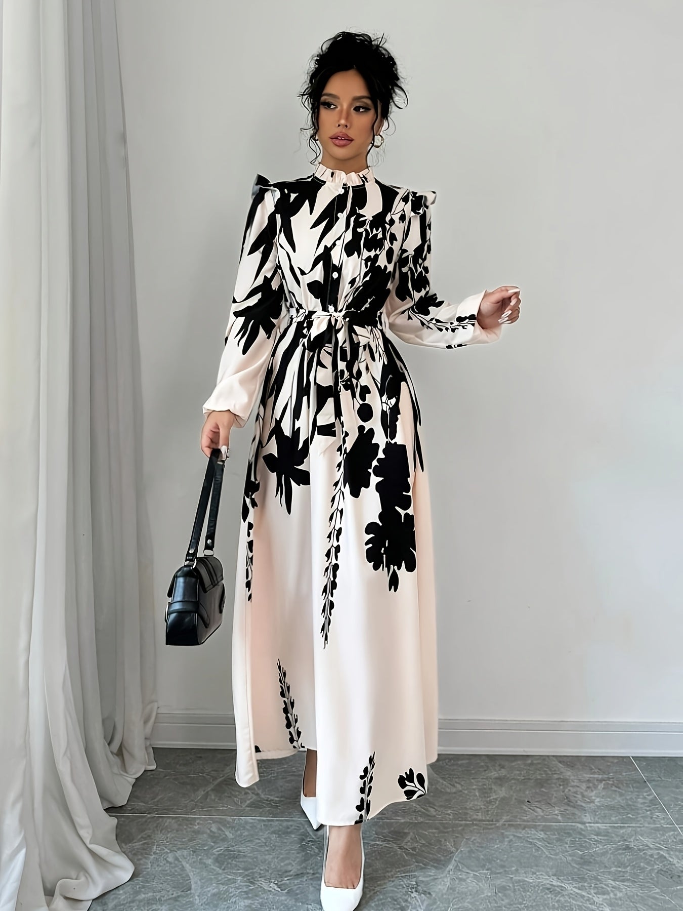 Elegant Floral Print Maxi Dress] Long Sleeve Elegant Floral Print Maxi Dress for Women - Machine Washable, Mock Neck with Belt Detail - Perfect for Spring