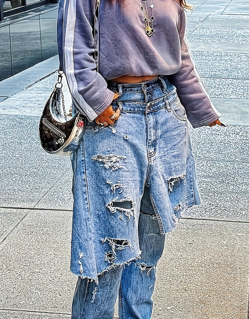 Load image into Gallery viewer, Edgy, Deconstructed Jeans  Women&#39;s 2-in-1 Low Rise Vintage Wash &amp; Asymmetric Distressed Rips - Edgy Streetwear Denim Pants
