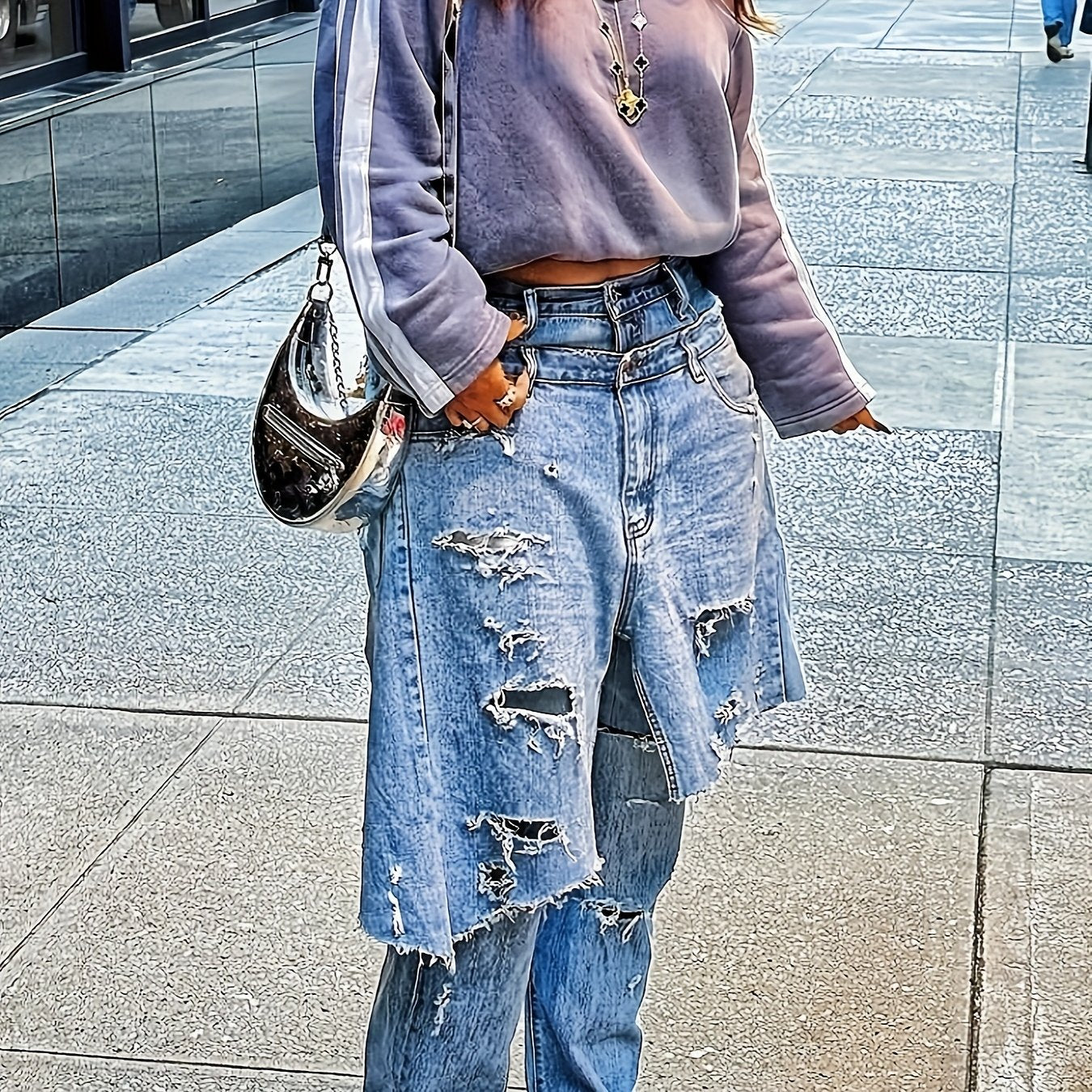 Edgy, Deconstructed Jeans  Women's 2-in-1 Low Rise Vintage Wash & Asymmetric Distressed Rips - Edgy Streetwear Denim Pants