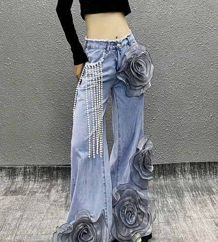 Women Mid-Waist Wide-Leg Jeans, Adorned with 3D Flowers And Pearl Pendant Chains, Are Stylish And Versatile Denim Pants Suitable for All Seasons And Various Occasions