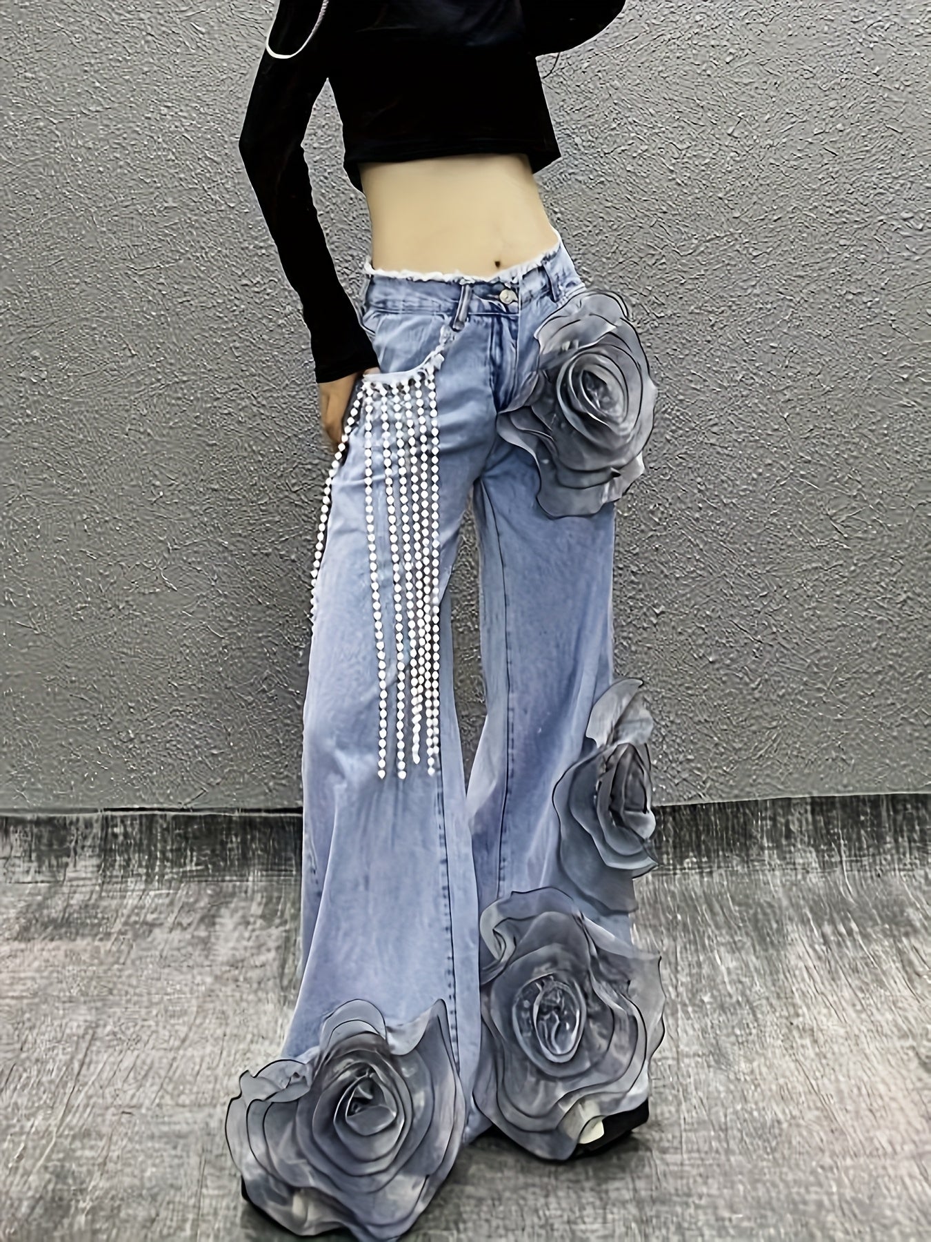 Women Mid-Waist Wide-Leg Jeans, Adorned with 3D Flowers And Pearl Pendant Chains, Are Stylish And Versatile Denim Pants Suitable for All Seasons And Various Occasions