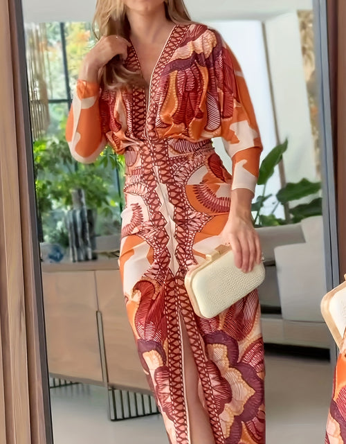 Load image into Gallery viewer, Vintage Baroque Slim Fit Midi Dress Long Sleeve Plunge V-Neck Bodycon Sexy Split Geometric Pattern Casual Wear Polyester Blend
