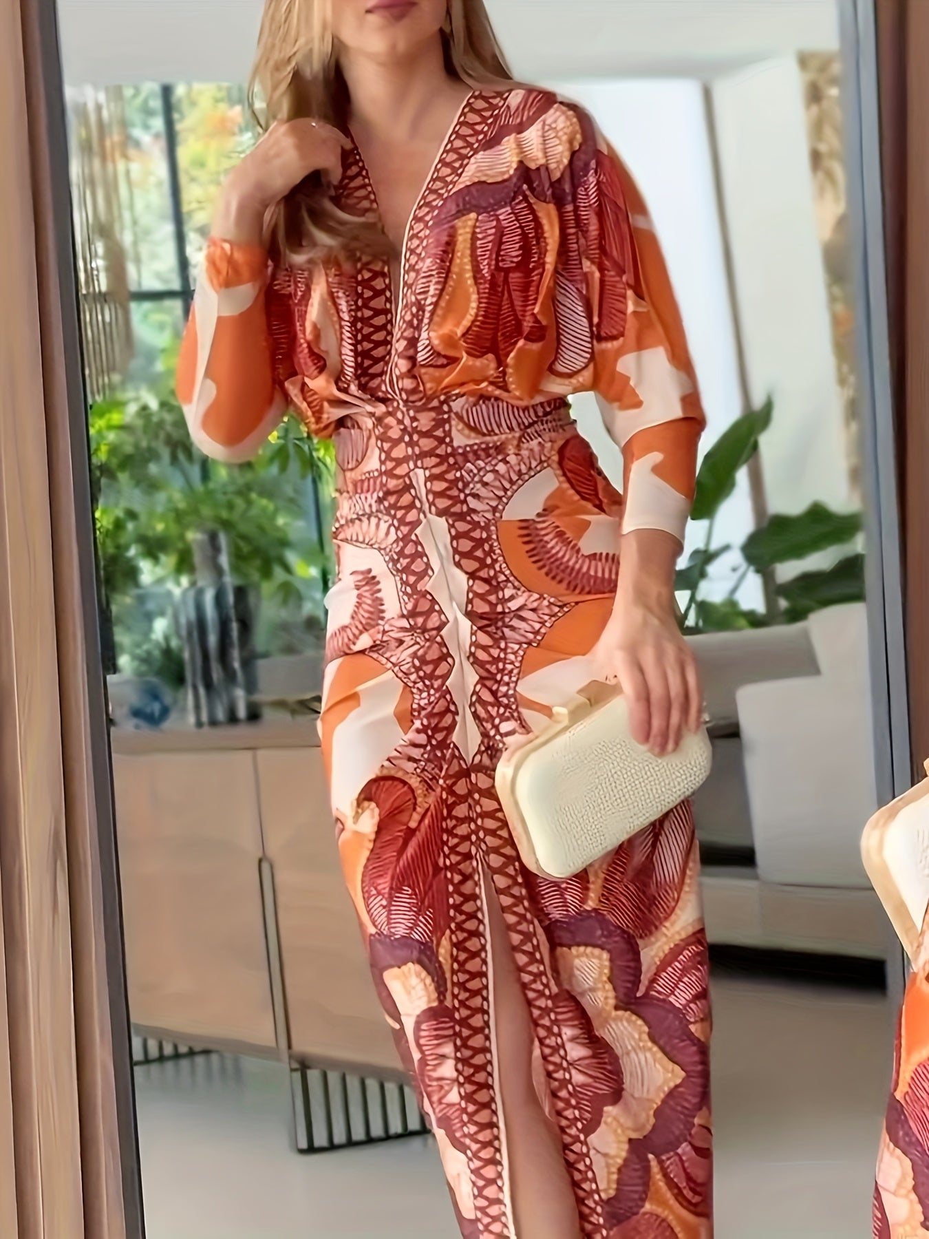 Vintage Baroque Slim Fit Midi Dress Long Sleeve Plunge V-Neck Bodycon Sexy Split Geometric Pattern Casual Wear Polyester Blend