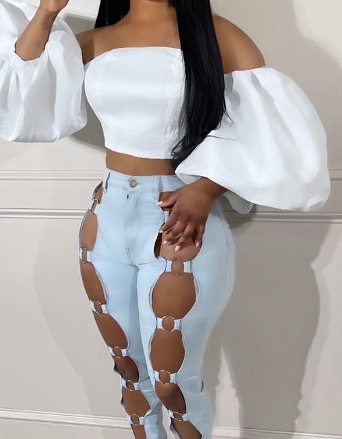 Load image into Gallery viewer, Women&#39;s Jeans - 2025 New Slim Sexy Light Blue Washed Steel Ring Lace-up Tight Ankle Jeans
