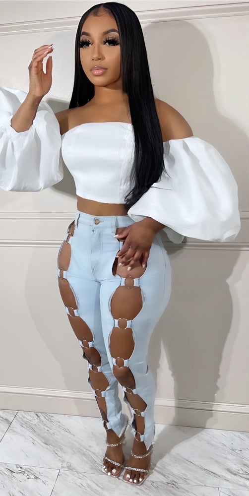 Women's Jeans - 2025 New Slim Sexy Light Blue Washed Steel Ring Lace-up Tight Ankle Jeans