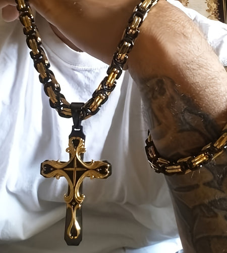 Men Stainless Steel Cross Necklace Set 2pcs Cuban Chain with Cross Pendant Retro Fashion Jewelry for Men