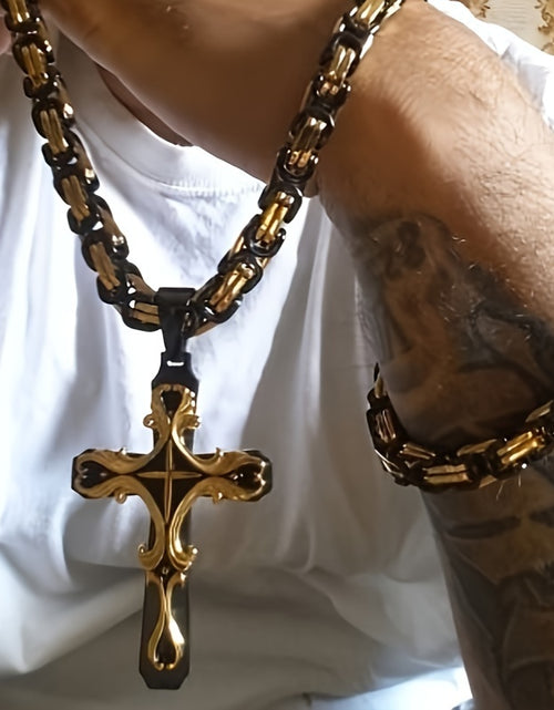 Load image into Gallery viewer, Men Stainless Steel Cross Necklace Set 2pcs Cuban Chain with Cross Pendant Retro Fashion Jewelry for Men
