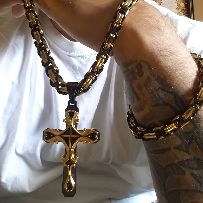 Men Stainless Steel Cross Necklace Set 2pcs Cuban Chain with Cross Pendant Retro Fashion Jewelry for Men