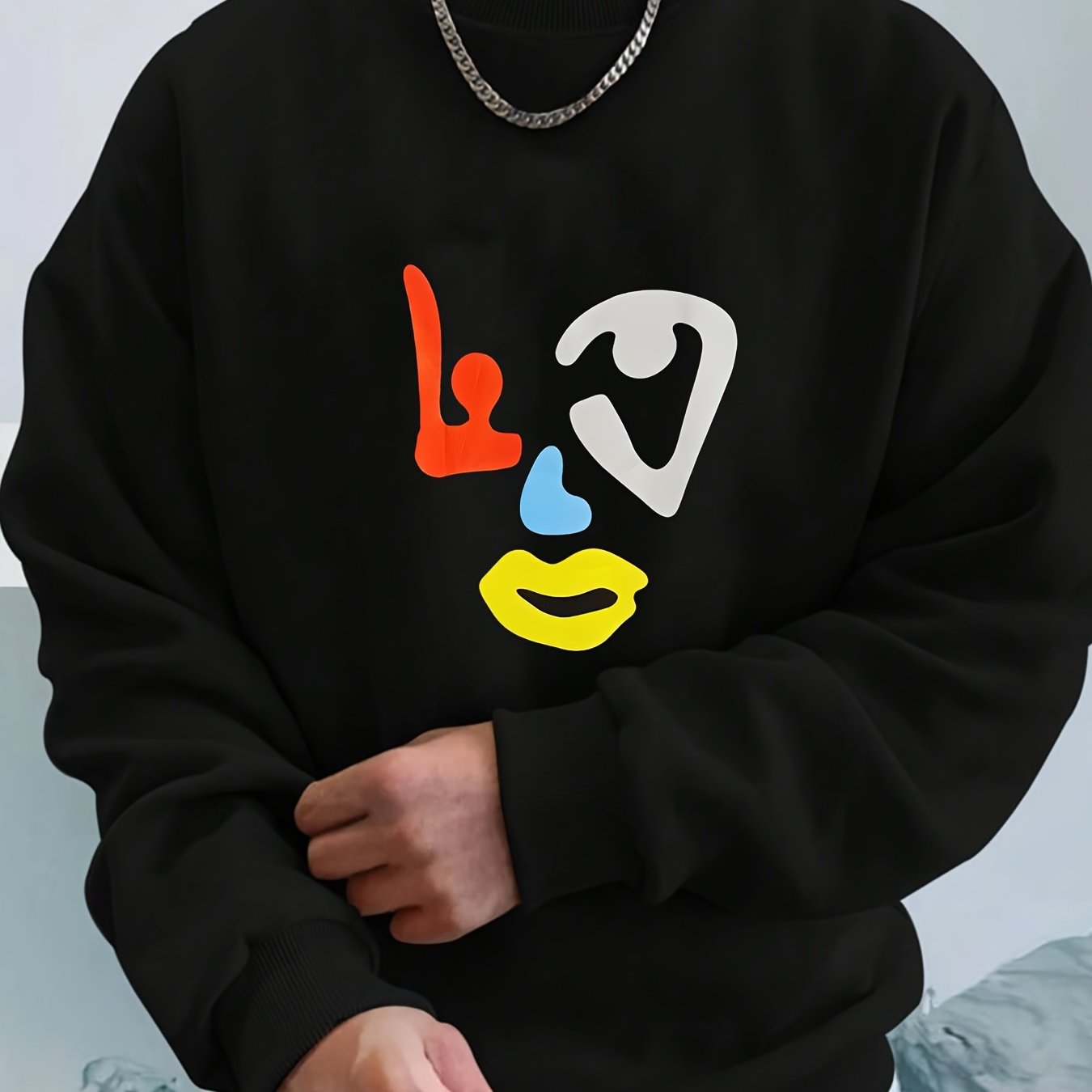 Men's Contrast Abstract Face Pattern round Neck Sweater Hip-hop Retro Street Style  Front Printed Long Sleeve for Autumn Winter