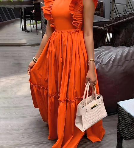 Orange Ruffle Dress Ruffle-Trimmed, Casual Round Neck, Cinched Waist, Polyester & Spandex Blend, Machine Washable