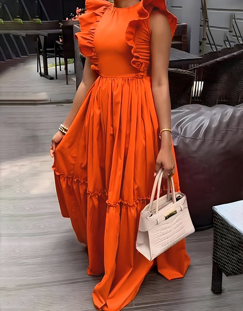 Load image into Gallery viewer, Orange Ruffle Dress Ruffle-Trimmed, Casual Round Neck, Cinched Waist, Polyester &amp; Spandex Blend, Machine Washable
