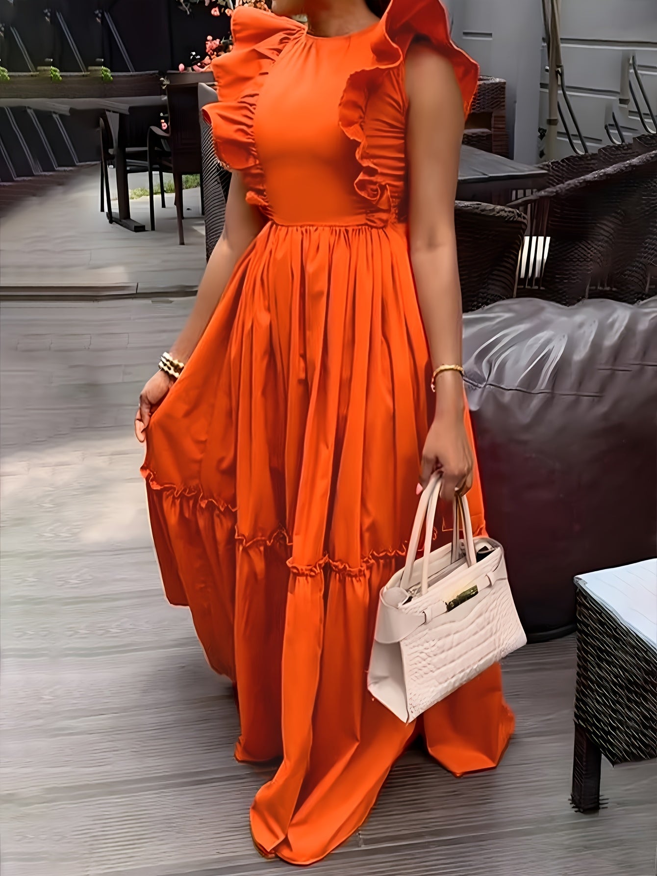 Orange Ruffle Dress Ruffle-Trimmed, Casual Round Neck, Cinched Waist, Polyester & Spandex Blend, Machine Washable