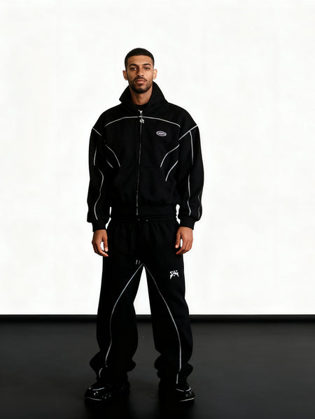 Unisex Spring and Autumn Trendy Hooded Set, Y2K Style, The Sweatshirt and Sweatpants Feature Arc-shaped Split Lines and Are Machine Washable