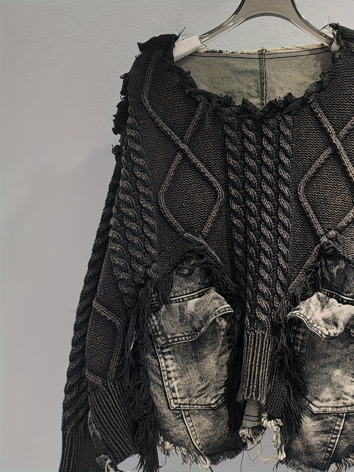 Trendy Braided Patchwork Denim Crewneck Long-Sleeve Cropped Sweater for Women, Fall/ Winter 2025