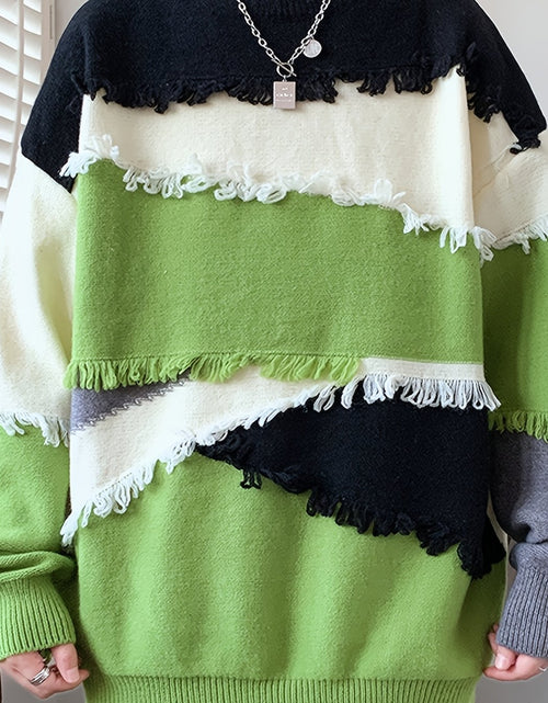 Load image into Gallery viewer, Men Streetwear Color Block Knit Sweater - Slim Fit High Elasticity Long Sleeve Round Neck Pullover with Tassel Details, Autumn Winter Fashion Trendy Casual Top, Seasonal Clothing, Bold Pattern, Soft Texture
