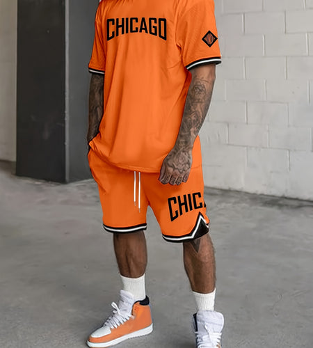 Men's Summer Sports Fashion Set: Orange Chicago Letter Print Crewneck Tee & Drawstring Shorts - Trendy Casual, Machine Washable, 100% Polyester