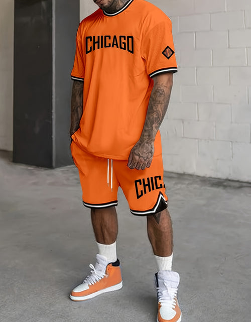 Load image into Gallery viewer, Men&#39;s Summer Sports Fashion Set: Orange Chicago Letter Print Crewneck Tee &amp; Drawstring Shorts - Trendy Casual, Machine Washable, 100% Polyester
