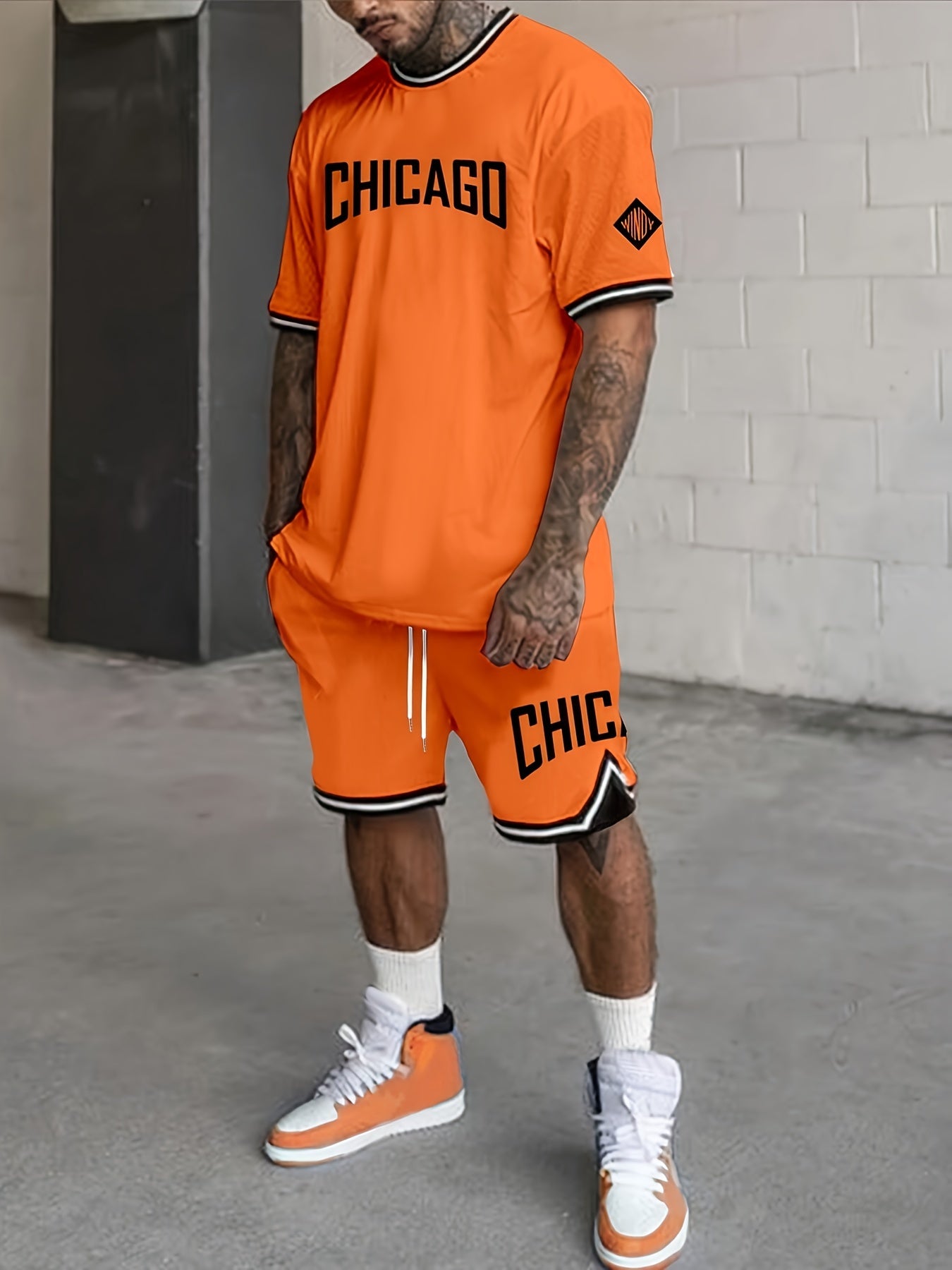Men's Summer Sports Fashion Set: Orange Chicago Letter Print Crewneck Tee & Drawstring Shorts - Trendy Casual, Machine Washable, 100% Polyester