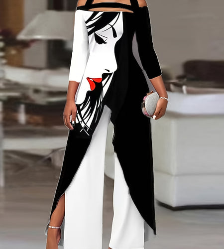 Stylish Off-Shoulder Printed Irregular Design Long-Sleeved Trousers Suit for Women - Fashionable, Comfortable, and Versatile - Ideal for Casual Daily Wear and Outdoor Activities