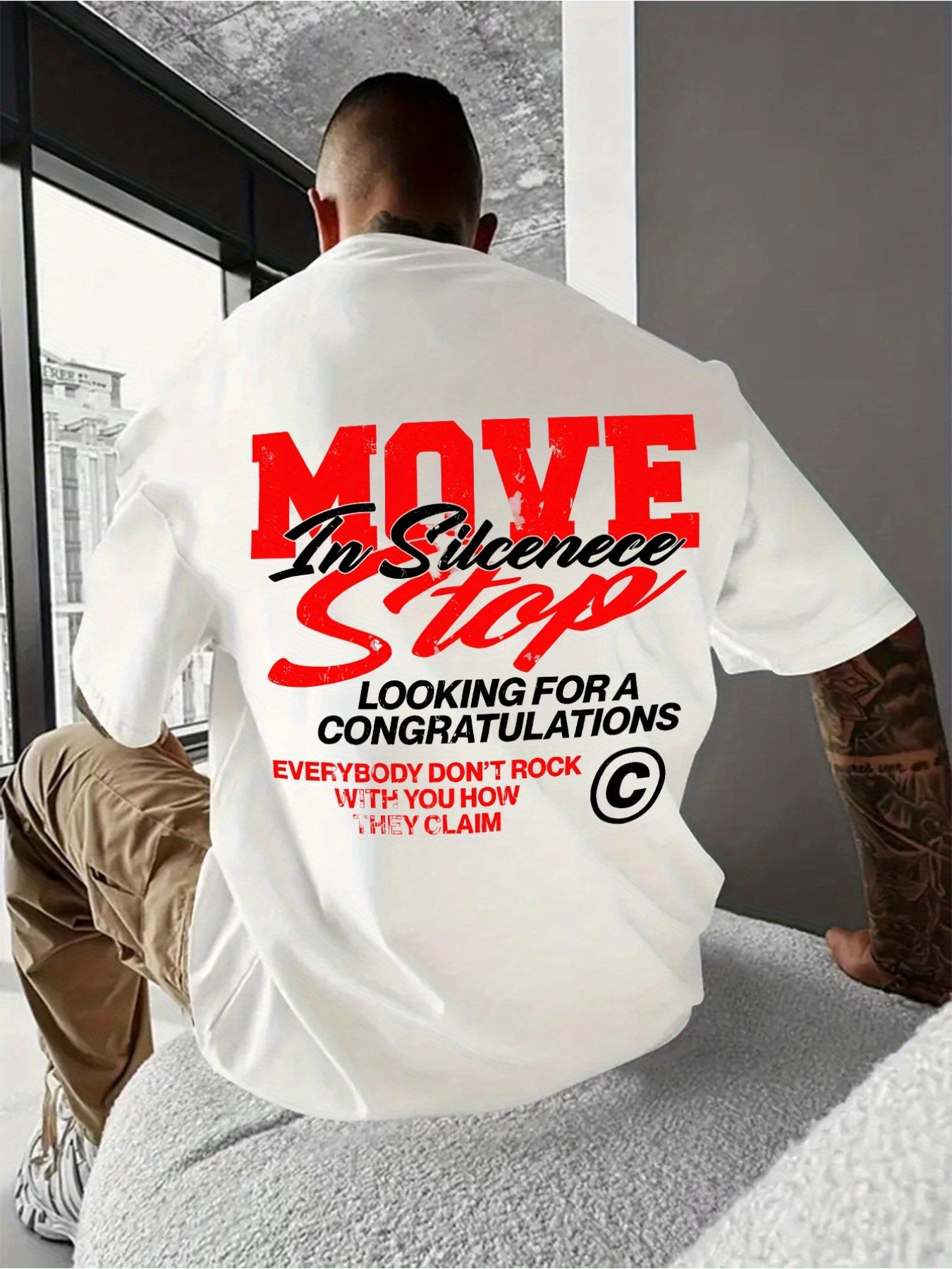 Men's 100% Cotton Graphic T-Shirt - "MOVE IN SILENCE LOOKING for A CONGRATULATIONS E everybody DON'T STOP" Design, Soft & Breathable, Casual Round Neck Short Sleeve Tee, Perfect Gift for Men, Everyday Comfort Wear | Relaxed F