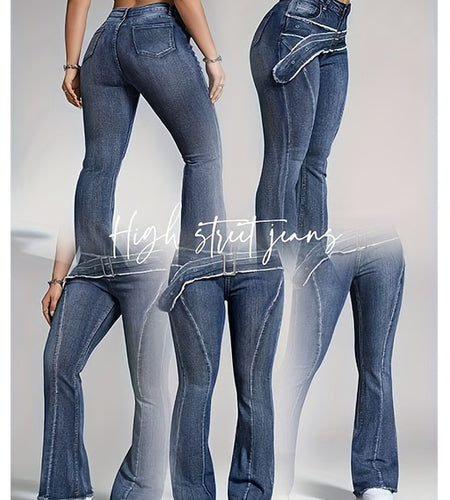 Ladies' Retro Washed Fringed  Waistband Design With Curved Edge And Slightly Flared Jeans