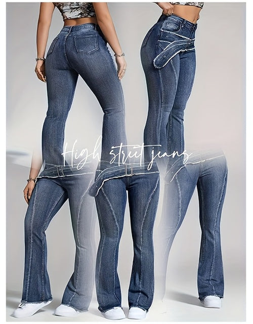 Load image into Gallery viewer, Ladies&#39; Retro Washed Fringed  Waistband Design With Curved Edge And Slightly Flared Jeans
