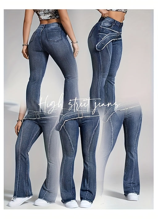 Ladies' Retro Washed Fringed  Waistband Design With Curved Edge And Slightly Flared Jeans
