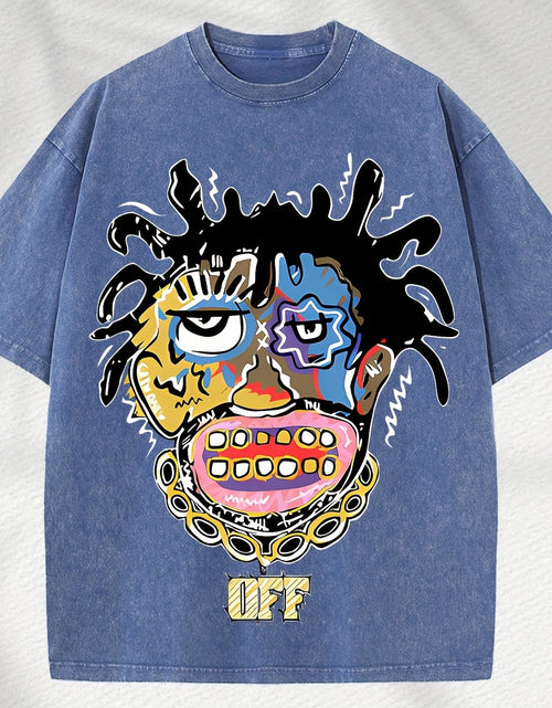 Load image into Gallery viewer, Home Relaxation | Men&#39;s Trendy Washed Cotton Graphic Tee - Blue Short Sleeve with Colorful Abstract Face &amp; &quot;OFF&quot; Print, Casual Summer Shirt
