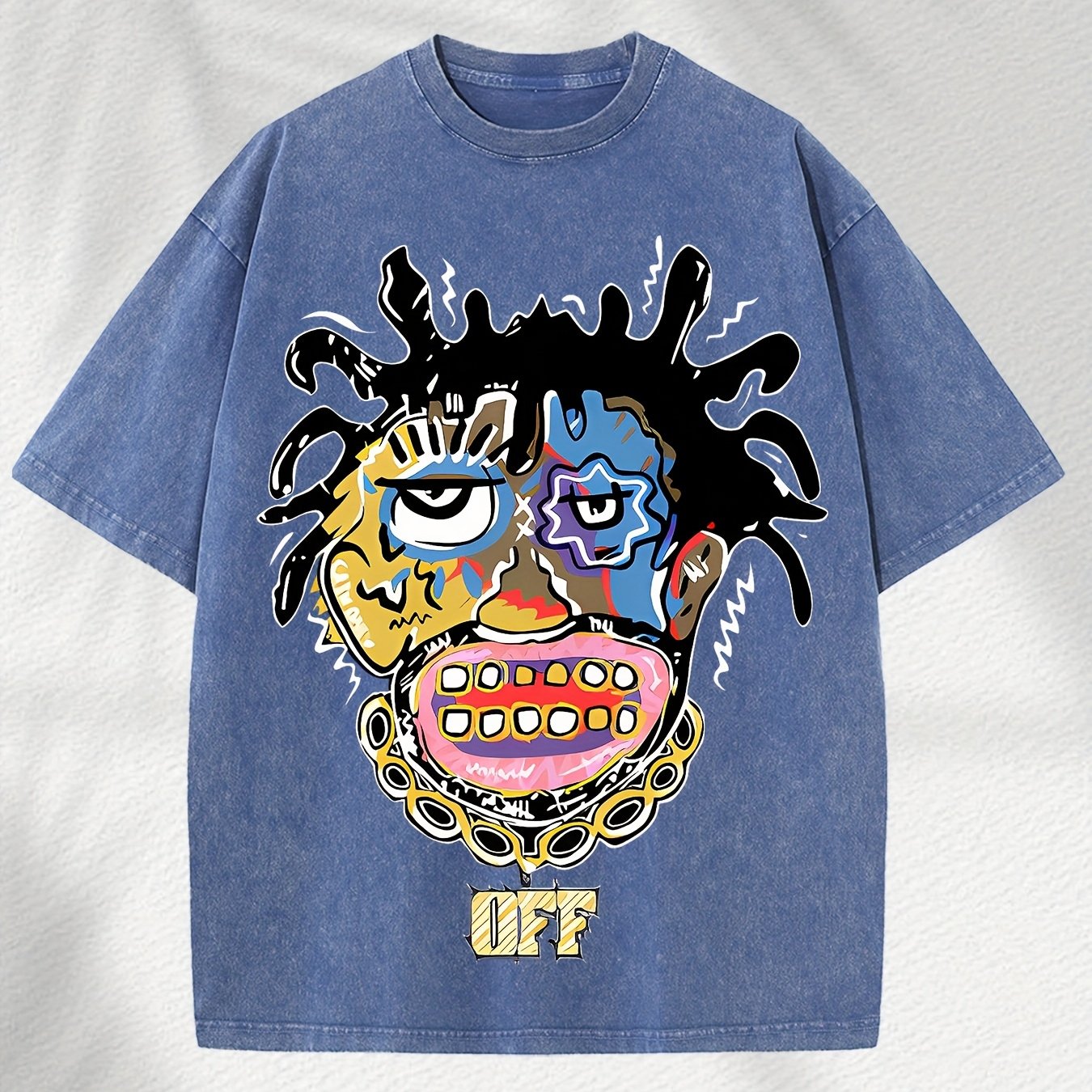 Home Relaxation | Men's Trendy Washed Cotton Graphic Tee - Blue Short Sleeve with Colorful Abstract Face & "OFF" Print, Casual Summer Shirt