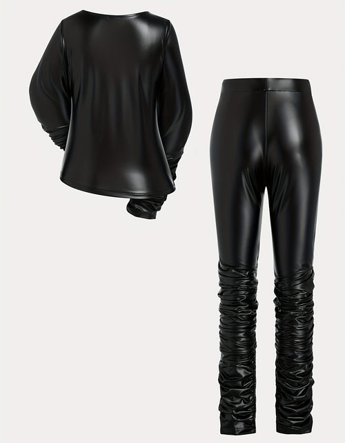 Load image into Gallery viewer, Women&#39;s Shiny Leather-Like Jumpsuit - Black Long Sleeve with Scrunched Pants &amp; Drawstring Waist | Edgy Bodycon Style for Night Clubs, Fashion Events &amp; Streetwear (Stretchy Fabric Slim-Fitting) for Fall &amp; Winter
