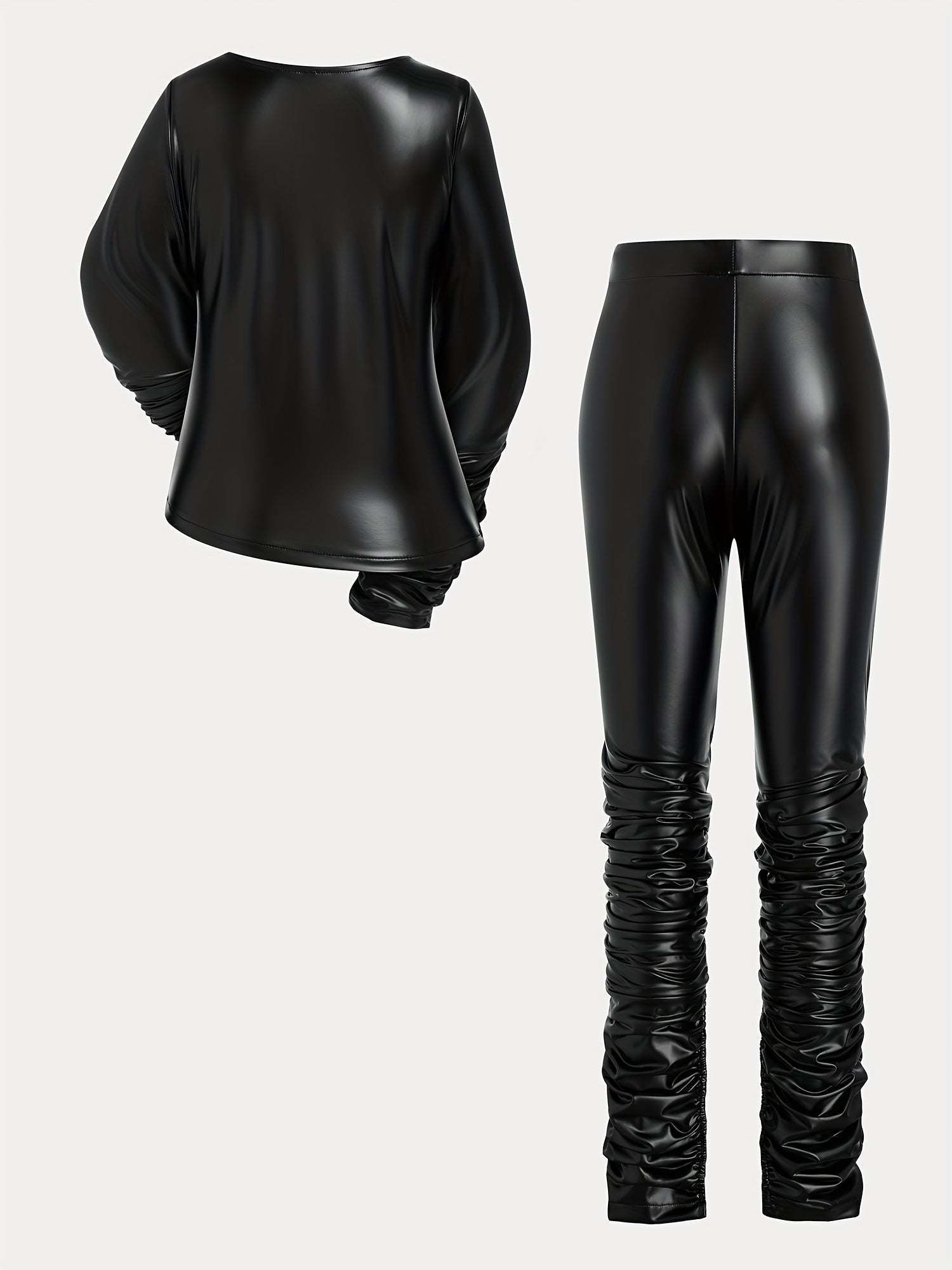 Women's Shiny Leather-Like Jumpsuit - Black Long Sleeve with Scrunched Pants & Drawstring Waist | Edgy Bodycon Style for Night Clubs, Fashion Events & Streetwear (Stretchy Fabric Slim-Fitting) for Fall & Winter