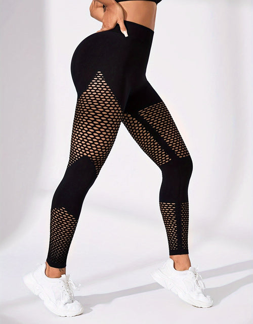 Load image into Gallery viewer, High-Waist Breathable Compression Yoga Pants - Women&#39;s Mesh Panel, Tummy Control, Knitted Fabric, Hollow Design, Solid Color

