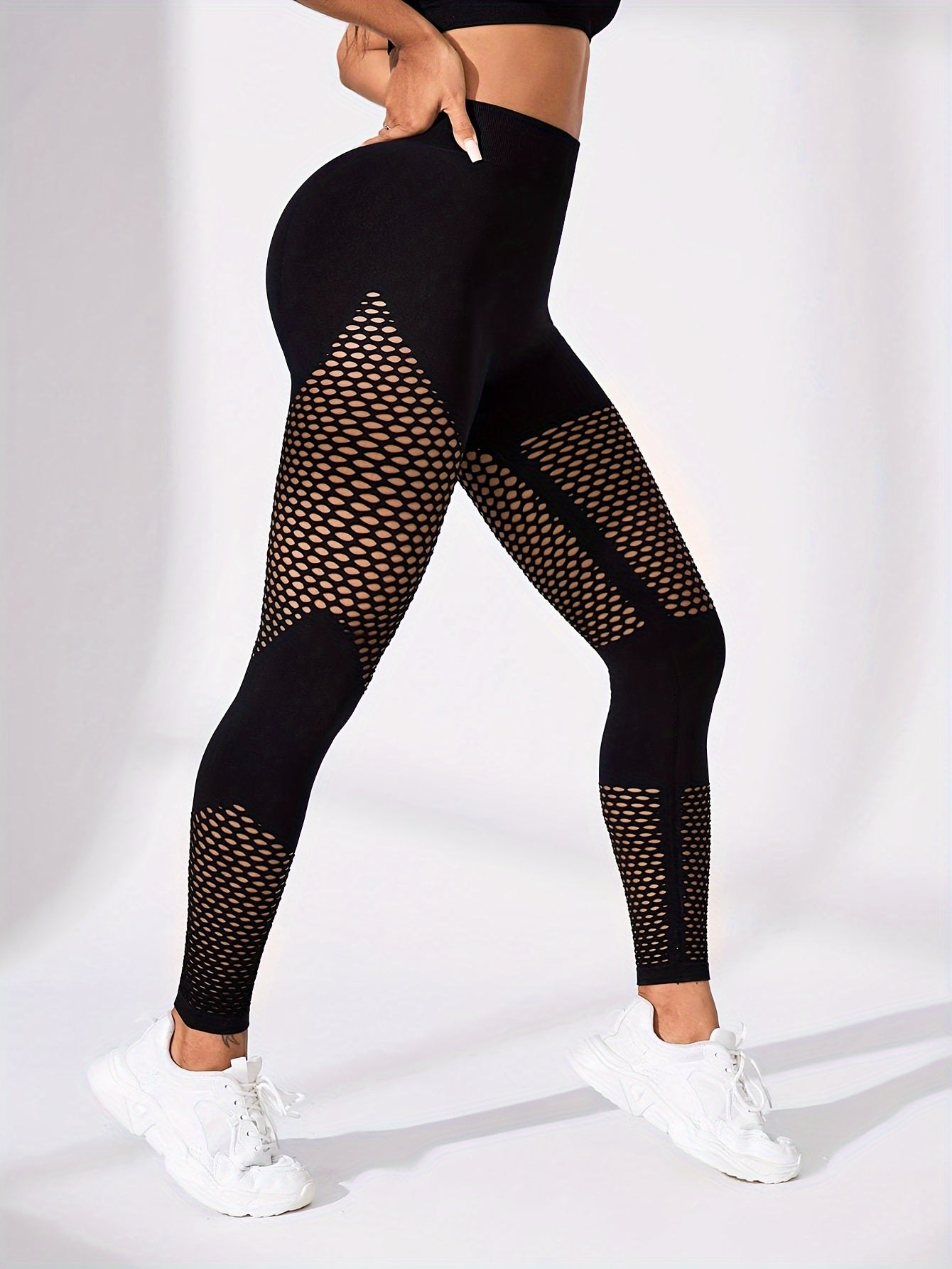 High-Waist Breathable Compression Yoga Pants - Women's Mesh Panel, Tummy Control, Knitted Fabric, Hollow Design, Solid Color