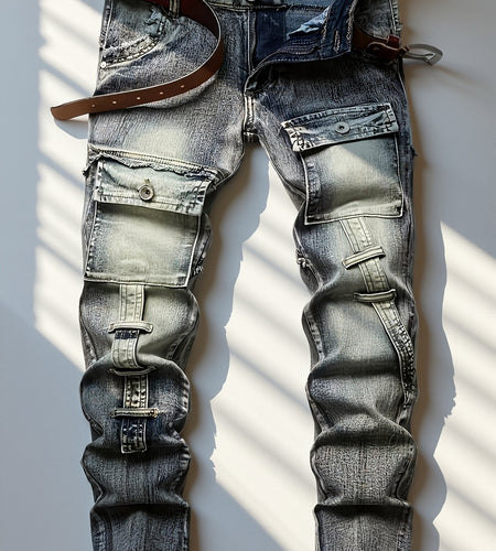 Men Jeans - Mid-Waist Elastic Slim Straight Leg, Heavy-Duty Workwear Pants with Zipper Closure, Stretch Denim Trousers for Streetwear, Casual