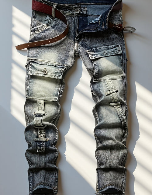 Load image into Gallery viewer, Men Jeans - Mid-Waist Elastic Slim Straight Leg, Heavy-Duty Workwear Pants with Zipper Closure, Stretch Denim Trousers for Streetwear, Casual
