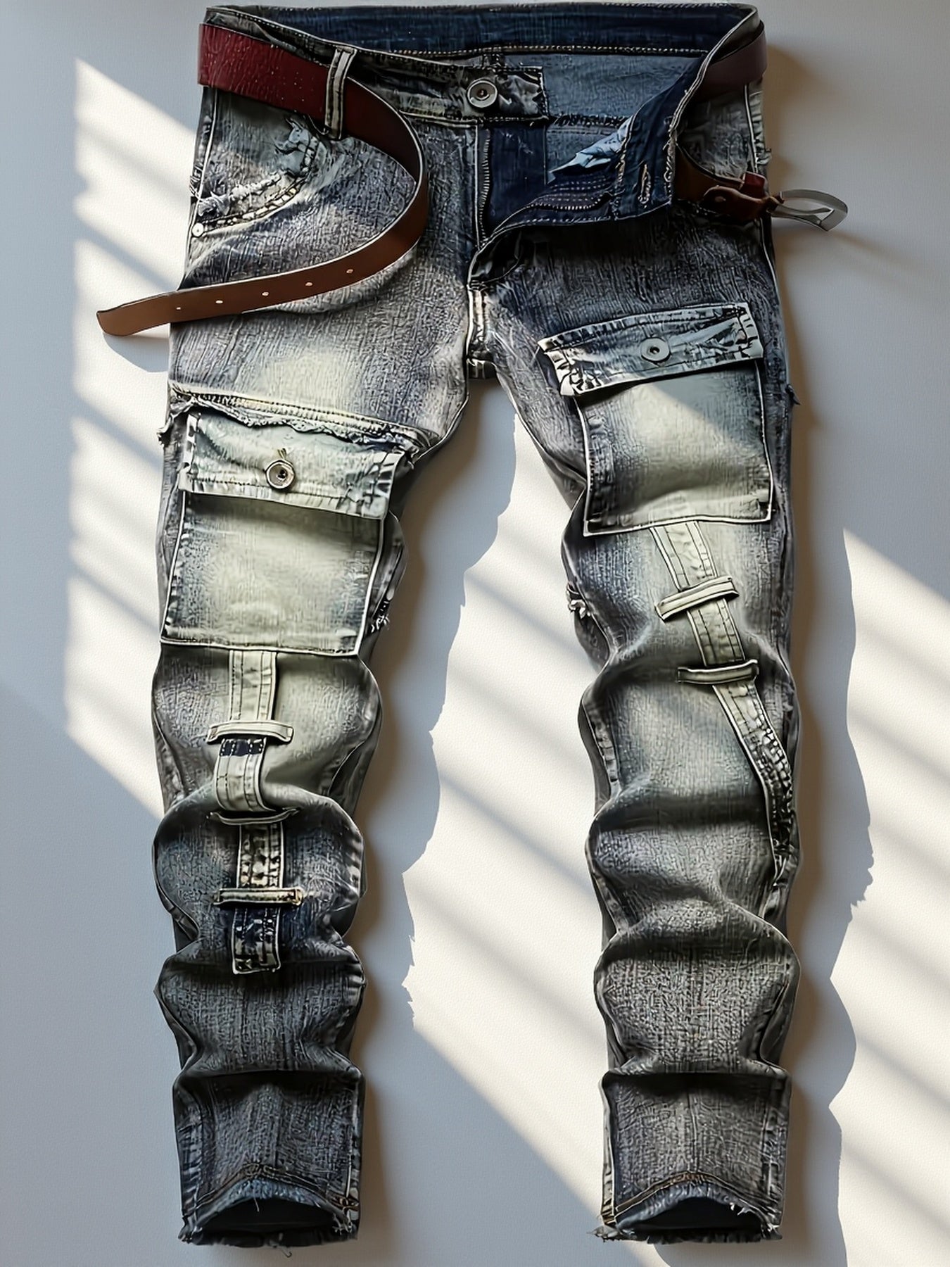 Men Jeans - Mid-Waist Elastic Slim Straight Leg, Heavy-Duty Workwear Pants with Zipper Closure, Stretch Denim Trousers for Streetwear, Casual