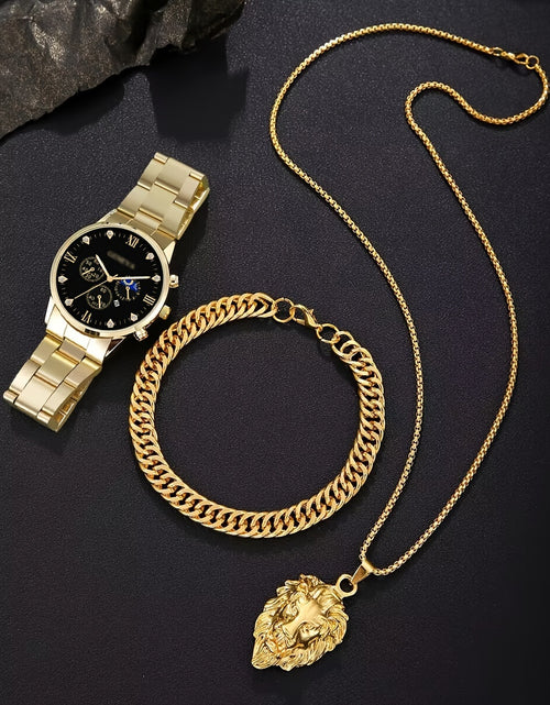 Load image into Gallery viewer, 3/ Piece Set Men Fashion Alloy Watch, Alloy Bracelet And Lion Head Alloy Necklace Are Ideal Gifts for Men.
